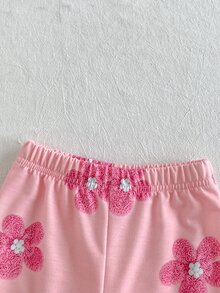 SHEIN Playful Pals 女嬰長袖圓領簡約休閒花卉印花夾克與時尚休閒百搭印花長褲套裝，舒適秋季休閒外出、玩耍與拍照穿搭 - 粉色 - 查看 6
