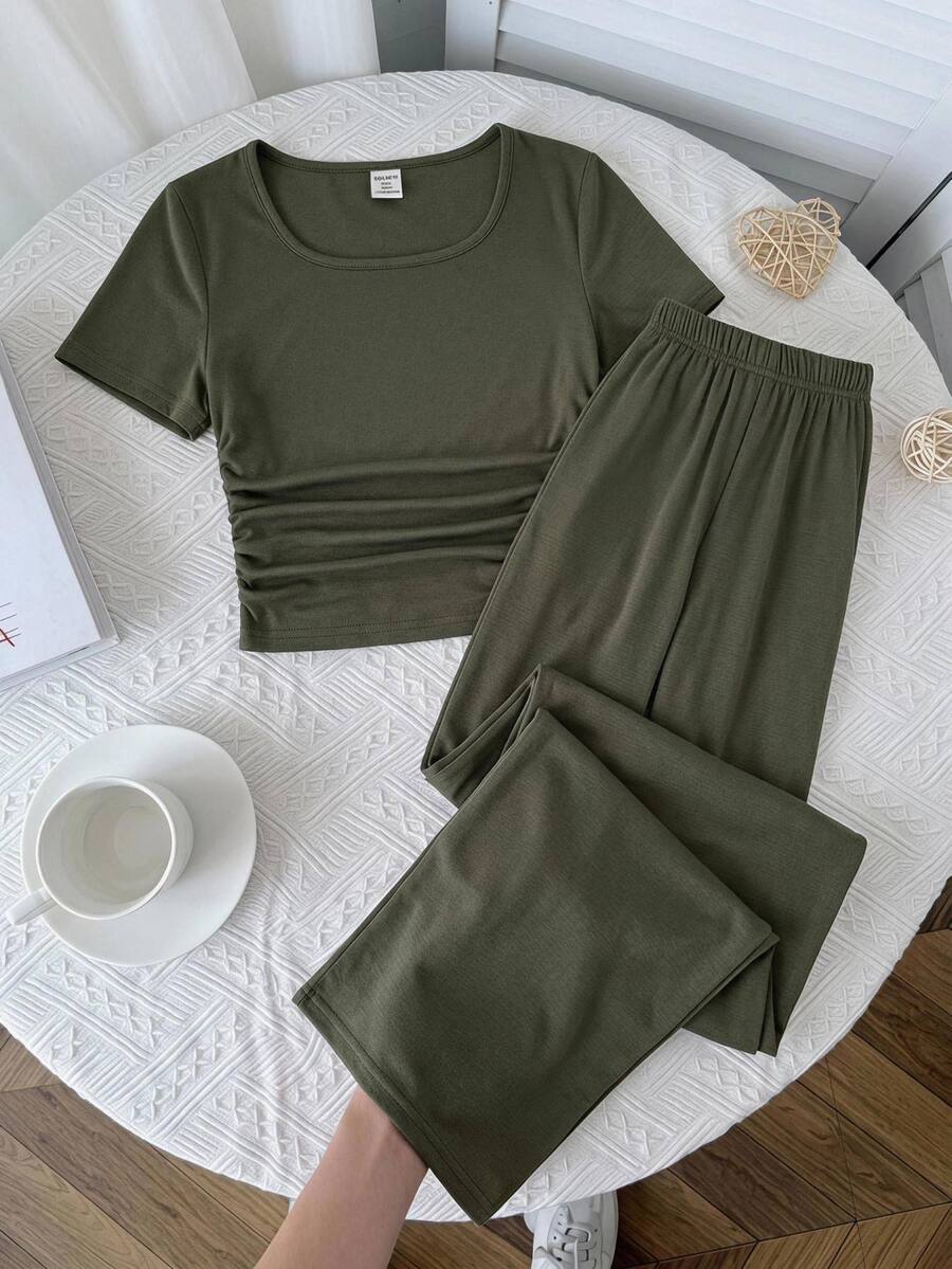 SHEIN 青少年女孩寬鬆休閒極簡風新款針織圓領短袖T恤套裝 - 彩色 - 查看 1