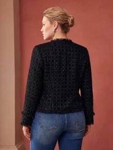 MOTF PREMIUM WOMEN'S PLUS SIZE ELEGANT FRAYED EDGE SINGLE-BREASTED WAIST-CINCHING JACKET FALL - Black - View 4