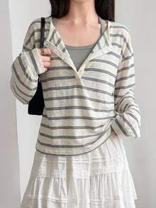 DAZY Women's Korean Style Minimalist Button Half-Placket Striped T-Shirt Fall - White - View 2