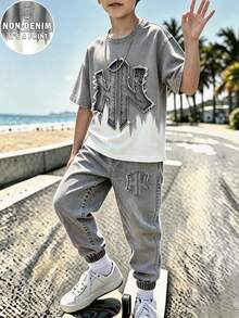 SHEIN 青少年男孩字母印花短袖T恤與長褲休閒日常穿搭套裝 - 灰色 - 查看 1