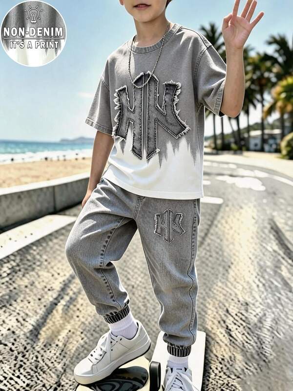 SHEIN Tween Boy Letter Print Short Sleeve T-Shirt And Long Pants Casual Daily Outfit Set