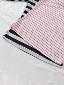 SHEIN Children's Striped Long Sleeve Top For Spring And Autumn, Black & White Stripes, Brown & Pink Stripes, V-Neck Design With Delicate Lace Trim, Sweet And Fashionable, Suitable For Daily Wear And Gatherings - Multicolor - View 6