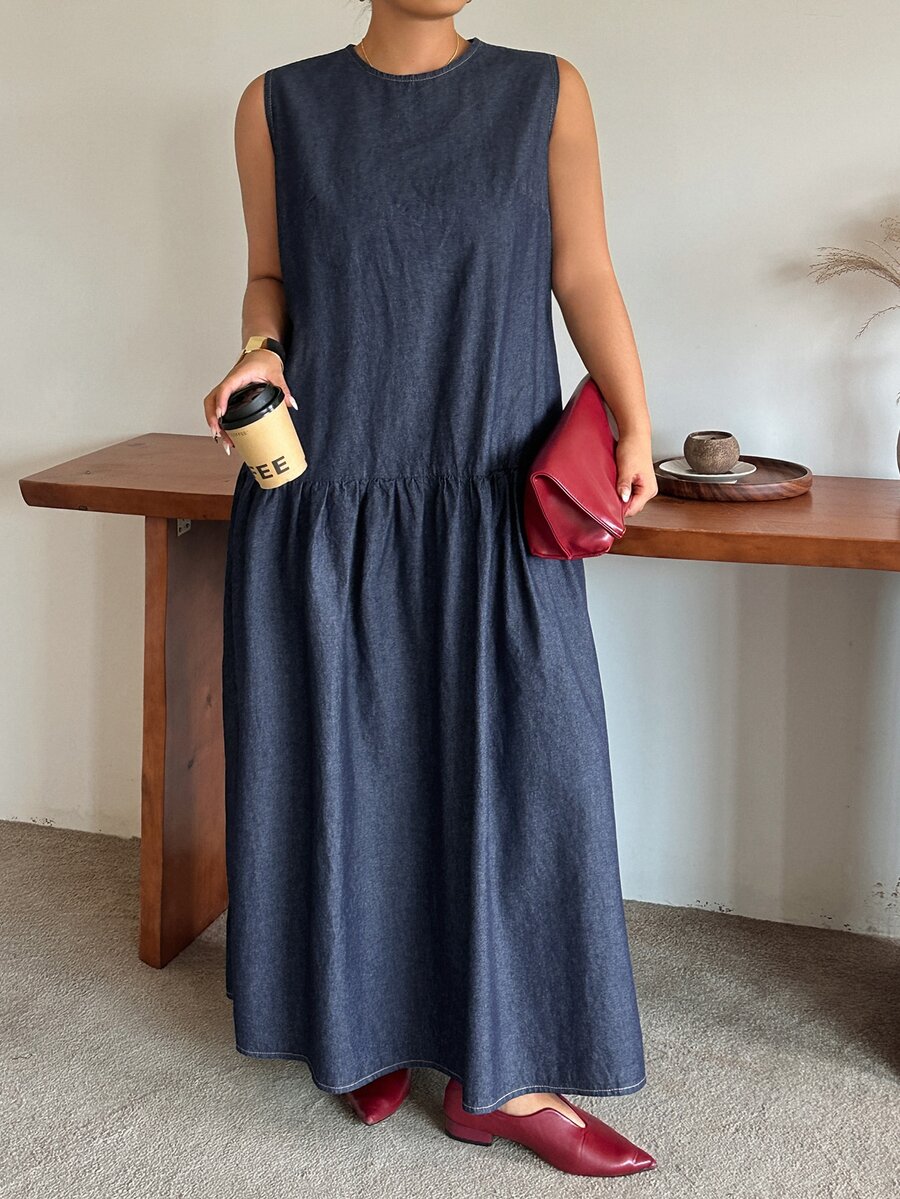 Dazy Plus Plus Size Women's Round Neck Solid Color Casual Vacation Style Denim Maxi Dress, Spring/Summer - Navy Blue - View 1
