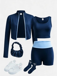 SHEIN طقم ملابس رياضية كاجوال للفتيات المراهقات، بتصميم ألوان متباينة، للربيع المبكر/الخريف - الأزرق - مشاهدة 5