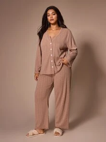 Lazeform Plus Size Textured Knit 3 PiecesLoungewear Set, Minimalist V-Neck Cardigan, Camisole And Pajama Pants - Khaki - View 3