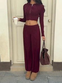 Autumina Women's Fashion Versatile 2 Pieces Set, Cropped Hooded Cardigan & Knit Pants, Casual Commute - Burgundy - View 3