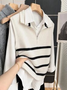SHEIN Franclia Cream & Black Striped Half-Zip Stand Collar Knit Vest, Loose Soft Layering Slimming Commuter Old Money Style Sleeveless Tank Top, Spring/Autumn - Apricot - View 1