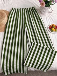 SHEIN EZwear 深綠色與白色條紋大尺碼女款繫腰寬腿長褲 - 軍綠色 - 查看 2