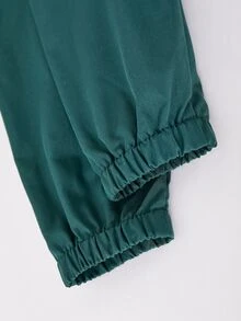 SHEIN 3件組 青少年女孩海軍藍返校系列 藍色條紋飾邊連帽拉鍊外套、背心與寬鬆褲套裝 - 墨綠色 - 查看 8