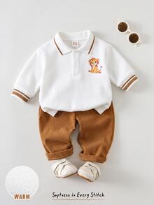 Cozy Pixies 新生兒熊圖案對比色 Polo 領長袖衛衣與長褲套裝 - 彩色 - 查看 1