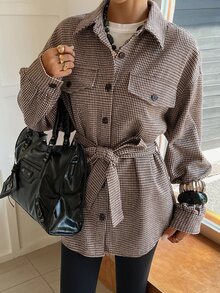 DAZY Women's Plaid Waist Knot Casual Versatile Long Sleeve Jacket Fall - Coffee Brown - View 5