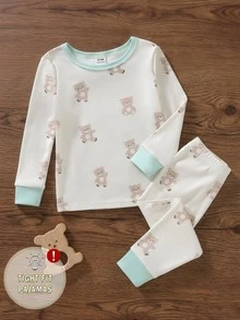 Baby Boys Spring/Autumn Cartoon Bear Print Random All-Over Print Crew Neck Long Sleeve Top And Elastic Waist Long Pants Snug Fit Loungewear - Multicolor - View 3