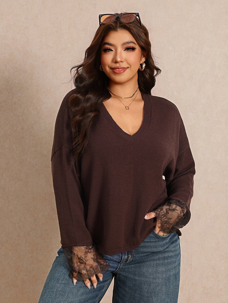 Elaquor Plus Size Women Solid Color V-Neck Drop Shoulder Long Sleeve Loose Pullover Sweater - Brown - View 1