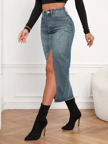 SHEIN Frenchy 女款休閒日常牛仔裙，附口袋、鈕扣與開衩設計 - 霧霾藍 - 查看 3