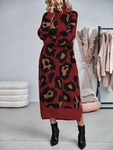 Elafinee 女款休閒豹紋高領針織洋裝，秋冬款 - 彩色 - 查看 7