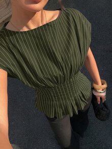 Siren Gaze 女款條紋圓領蝙蝠袖短袖收腰休閒襯衫 - 軍綠色 - 查看 4