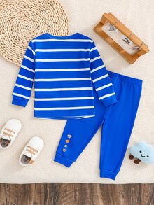 SHEIN Baby Boy Snug Fit Animal Stripe Long Sleeve & Long Pants 2 Pieces Set Loungewear Pajamas - Multicolor - View 2