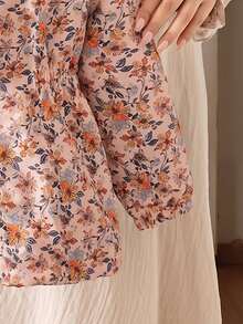 SHEIN Elladie kids 1件女童2025冬季新款復古卡其色花卉保暖內裡拉鍊連帽外套，彈性腰部設計，加厚保暖時尚戶外通勤百搭防寒夾克 - 粉色 - 查看 3