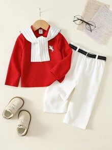 SHEIN 男嬰 3 件組秋冬休閒時尚學院風 POLO 衫套裝，含披肩與腰帶，嬰兒冬季服飾，聖誕、生日穿著，洗禮禮服 - 紅色 - 查看 8