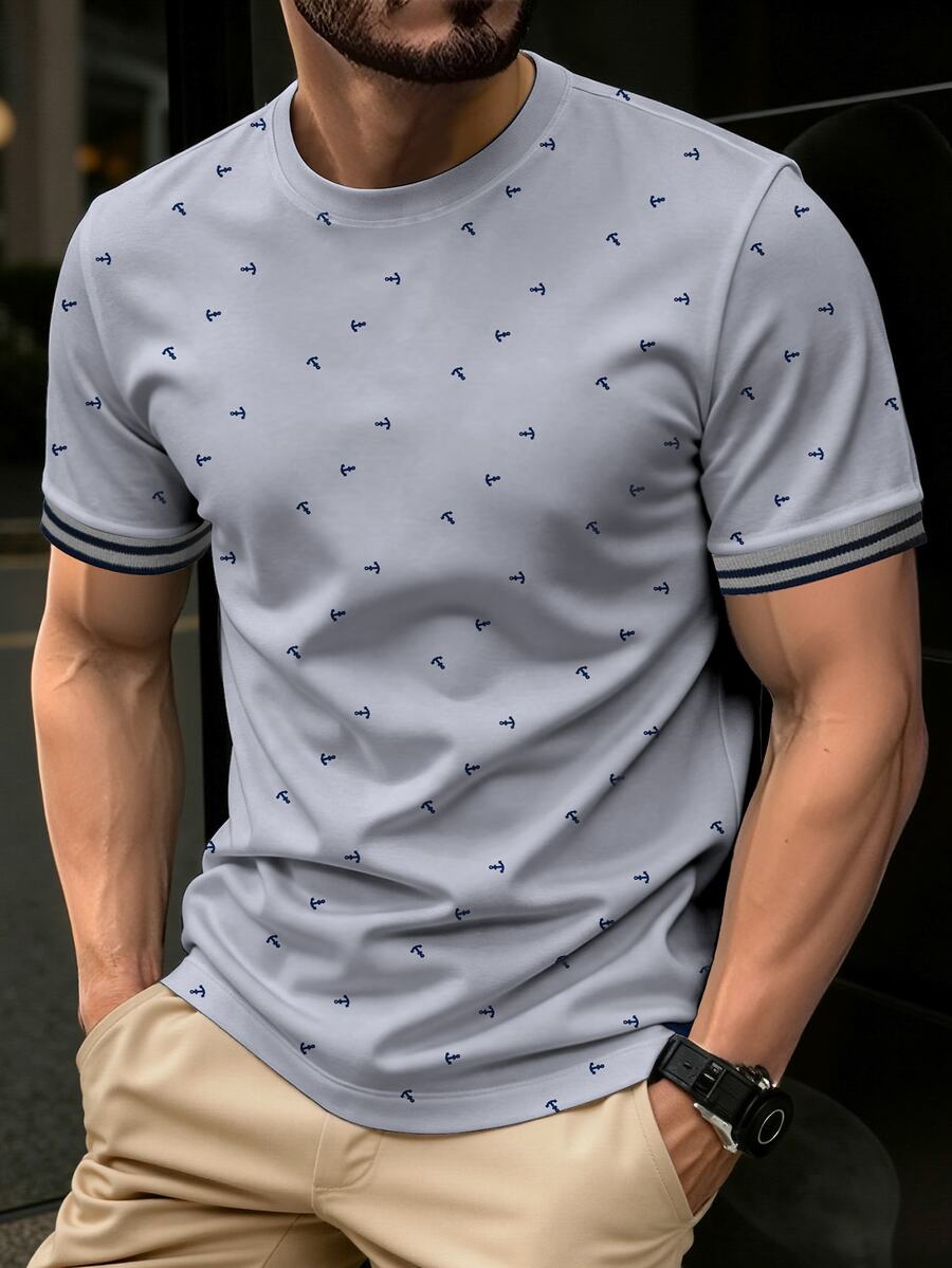 Manfinity Homme Men's Printed Top, Fashion Street Hip-Hop Casual Short Sleeve T-Shirt - Light Grey - View 1