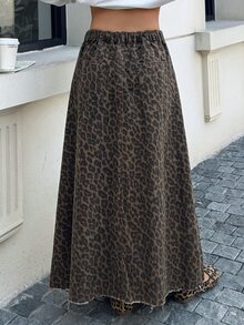 SHEIN MOD Plus Size Women's Leopard Print Pocket Casual Fashion Denim Skirt Work Outfits For Women - Brown - View 3