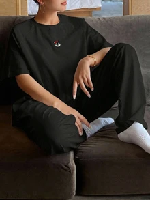 DAZY 極簡可愛卡通印花插肩袖寬鬆居家服套裝 秋季 - 黑色 - 查看 4