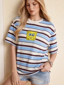 SpongeBob SquarePants | SHEIN تي شيرت نسائي كاجوال يومي بطبعة كرتونية مخططة - الأزرق - مشاهدة 4