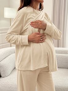 Slowluna Maternity Solid Color Long Sleeve T-Shirt And Pants Casual Nursing 2 Pieces Set Fall - Khaki - View 6