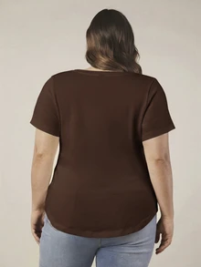 SHEIN BASICS 大尺碼純色V領T恤夏季上衣 - 棕色 - 查看 2