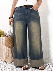 SHEIN ICON Plus Size Women's Casual Versatile Daily Wear Denim Jeans With Pockets And Buttons - Dark Wash - View 5