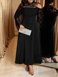 Reflora Gaun Ukuran Besar Elegan Formal Kasual Elegan Pesta Malam Formal Koktail Formal Renda Patchwork Dekorasi Rhinestone Hitam Musim Dingin Hitam Musim Gugur - Hitam - View 2
