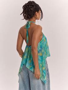 SHEIN BAE Top de tirantes con cuello halter y dobladillo asimétrico para mujer, estilo casual minimalista bohemio elegante romántico vintage con estampado, atuendo para ir al trabajo, festival de música, playa, vacaciones, atuendo de verano para mujer - Multicolor - Ver 2