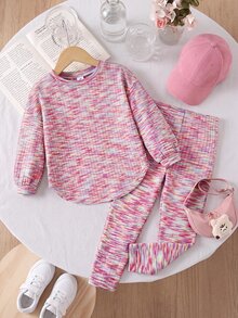 SHEIN 女童紮染圓領長袖T恤與長褲休閒套裝 - 彩色 - 查看 8