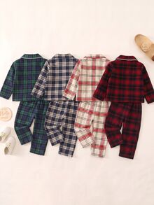 SHEIN 男女嬰兒適用 2件組秋冬休閒可愛海軍藍格紋睡衣套裝，居家服套裝，適合居家休息、睡眠與日常外出 - 紅色 - 查看 2