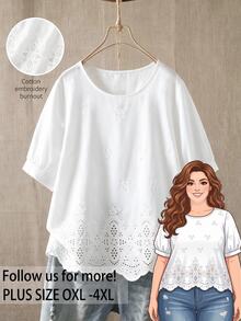 Rusticease 大尺碼純白色刺繡圓領短袖休閒襯衫 2026 春夏款 - 白色 - 查看 1