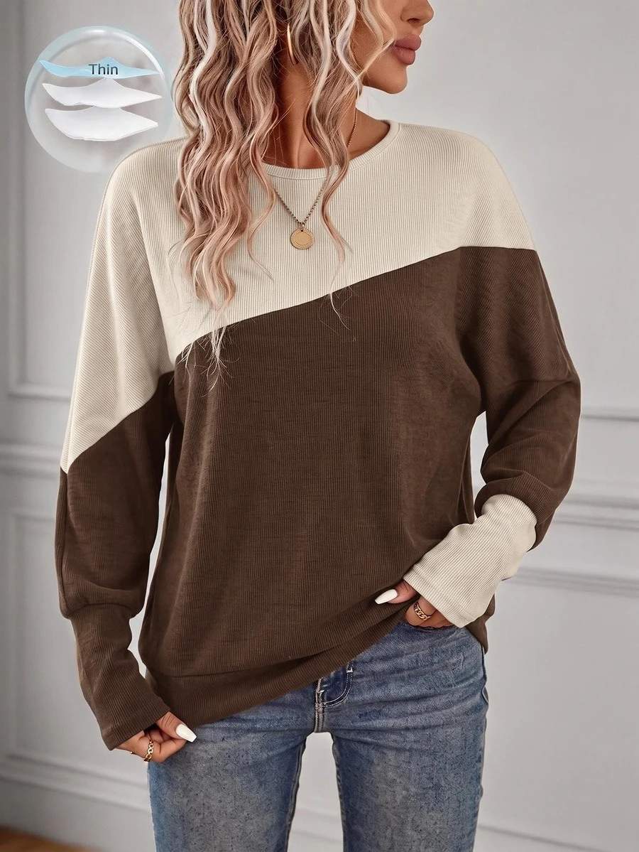 SHEIN LUNE Women's Colorblock Patchwork Batwing Sleeve Sweatshirt - Brown - View 1