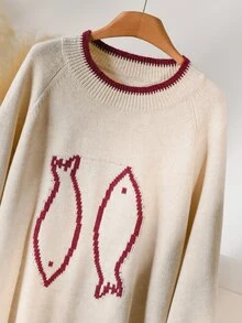 CosyJoli Plus Size Women's Fashion Small Fish Pattern Color Block Shoulder Raglan Sleeve Crew Neck Pullover Sweater, Simple Casual Autumn/Winter Top - Multicolor - View 5