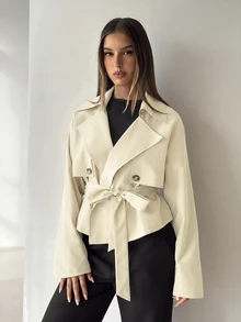Aloruh 女款素色翻領長袖雙排扣風衣 米色 秋冬休閒商務辦公 - 米色 - 查看 4