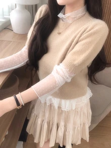 DAZY Women's Stand Collar Polka Dot Mesh Lace Elegant Blouse Fall - Beige - View 2