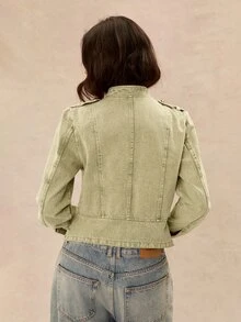 Easelle 復古休閒街頭波希米亞風拿破崙金屬收腰女款夾克，日常度假適用，鼠尾草綠，秋季夜出門穿搭 - 綠色 - 查看 2