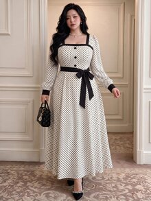 Vibekara New Elegant Fashion Minimalist Commuter Style Long Sleeve Square Neck Dress, Vacation Polka Dot Element Patchwork Contrast Color Dress With Belt Fall - Multicolor - View 6