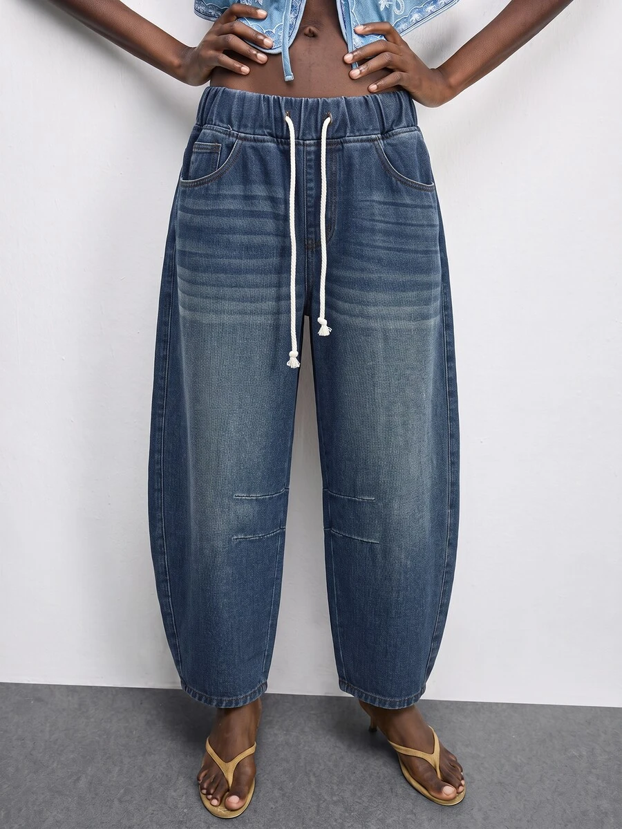 SHEIN ICON Plus Size Women's Drawstring Waist Pocket Casual Daily Travel Denim Jeans - Dark Wash - View 1