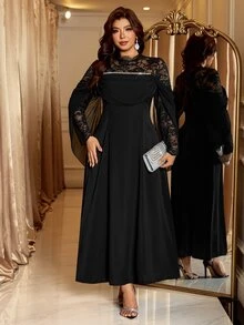 Reflora Gaun Ukuran Besar Elegan Formal Kasual Elegan Pesta Malam Formal Koktail Formal Renda Patchwork Dekorasi Rhinestone Hitam Musim Dingin Hitam Musim Gugur - Hitam - View 5