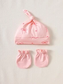 SHEIN Pink Bow Love Print Cute Newborn Autumn 5-Piece Gift Set Including Jumpsuit, Hat, Gloves, Pants Long Sleeves Family Pastel Pink Light Pink - Pink - View 6