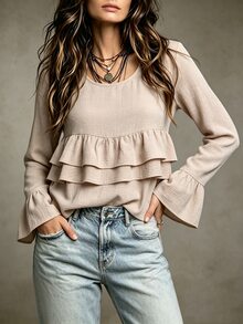 SHEIN 2026新款春夏/秋冬女款圓領荷葉邊長袖上衣，雙層蛋糕褶皺喇叭袖短版襯衫，後開衩白色鈕扣裝飾紋理素色上衣，溫柔優雅寬鬆顯瘦打底衫，日常通勤法式休閒百搭長袖女裝，亞麻面料 - 杏色 - 查看 4