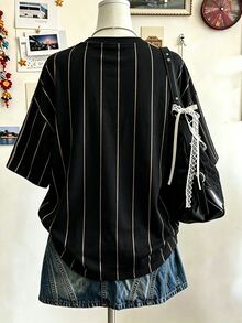 Lalippa Letter Pattern Vertical Stripe Print Fashion Minimalist Oversized Mid-Length Round Neck Drop Shoulder Women's T-Shirt Friend's Gift - Multicolor - View 2