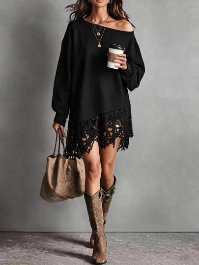 LUMIGAL Black Knit Asymmetric Off-Shoulder Long Sleeve Top, Oversized Loose Fit, Lantern Long Sleeves, Irregular Lace Ruffle Hem, Gothic Y2K Style Casual Layering Sweatshirt, Sweet Cool Subculture Style, Suitable For Daily Streetwear, Spring Autumn Women's Long Sweatshirt