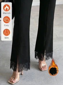 Editum 女款純色牙籤條紋設計對比蕾絲開衩褲腳優雅長褲 - 黑色 - 查看 1