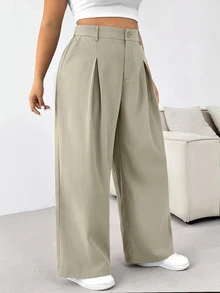 SHEIN EZwear Plus Size Women's Solid Color Simple Business Pants Graduation, - Khaki - View 7